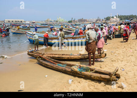 Des bateaux de pêche à Vizhinjam beach marché aux poissons, près de Kovalam, Kerala, Inde, Asie du Sud Banque D'Images