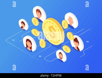 Concept isométrique vente de référence, d'orientation de la stratégie du programme, se référant les amis, le marketing de réseau Illustration de Vecteur