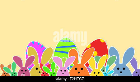 Lapins mignons comme illustration sur fond beige. Lapins de Pâques ludique l'arrière-plan pour la période de Pâques. Graphique de Pâques avec les Lapins colorés. Banque D'Images