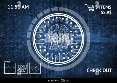 La technologie des systèmes d'apprentissage automatique , précis La technologie biométrique de reconnaissance faciale et de l'intelligence artificielle concept. Illustration de HUD face d Banque D'Images