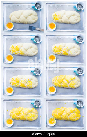 Le lavage des oeufs brossé sur tressé challah faits maison, composite composition de la séquence Banque D'Images