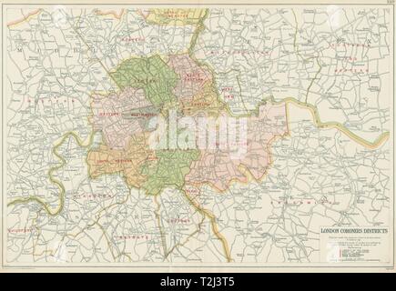 Les Coroners LONDRES DISTRICTS. Carte vintage. BACON 1934 old vintage tableau plan Banque D'Images