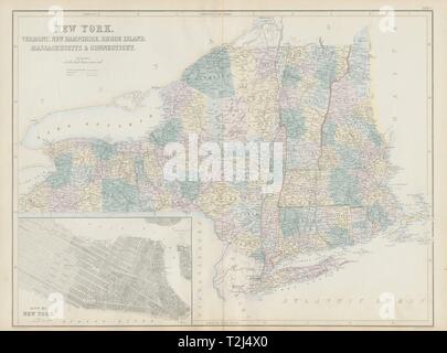 New York & New England. VT CT RI MA NH. NYC Manhattan plan. SIDNEY HALL 1856 map Banque D'Images