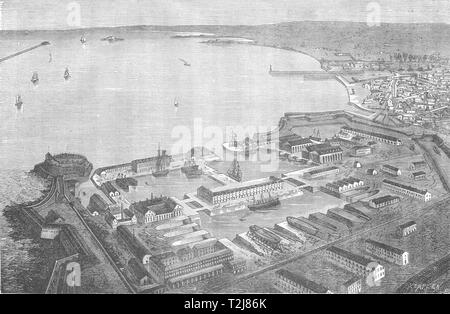 MANCHE. Cherbourg. Un vol d'oiseau du port militaire de rade 1880 old print Banque D'Images