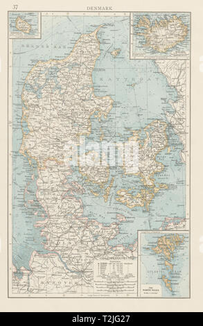 Le Danemark et le Schleswig-Holstein. Îles Féroé Islande Bornholm. La carte 1900 fois Banque D'Images