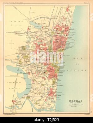 La ville de Chennai/Madras city plan. Les principaux bâtiments. L'Inde britannique 1909 Ancien site Banque D'Images