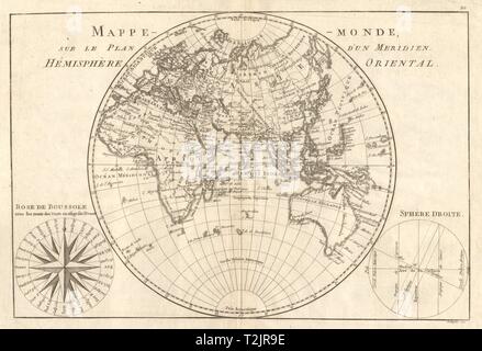 Mappe-monde sur le plan d'un méridien, hémisphère oriental. BONNE vieille 1789 Banque D'Images