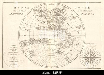 Mappe-monde sur le plan d'un méridien, Hémisphère occidental. BONNE 1789 Banque D'Images