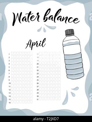 La consommation d'eau par semaine et mois d'avril. L'équilibre de l'eau Calendrier des vecteurs. Suivi mensuel de l'eau. Illustration de Vecteur