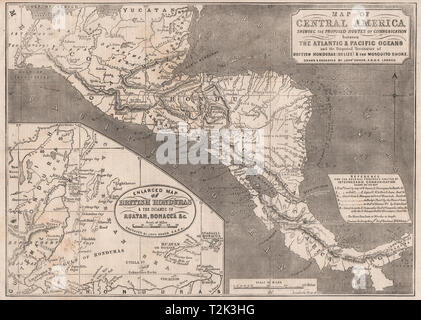 L'Amérique centrale/canaux proposé chemins Nicaragua Panama Belize. Carte 1856 DOUAIRE Banque D'Images