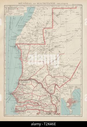 L'Afrique occidentale française. Le Sénégal et Mauritanie/Mauritanie. Plan de Dakar 1929 carte ancienne Banque D'Images