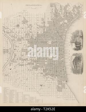 Ville antique de Philadelphie Plan de ville plan. Nous en médaillon, Banque d'échange. 1844 SDUK Banque D'Images