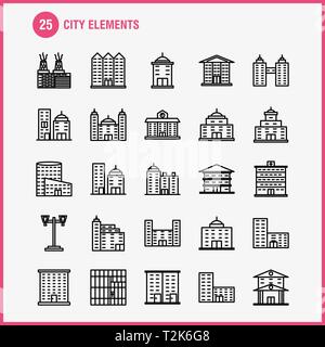 Ligne City Elements Icons Set pour l'infographie, Mobile UX/UI Kit et Print Design. Inclure : Tower, Building, ville, bureau,, bâtiments, Tour, Ville, Off Illustration de Vecteur