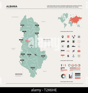 Carte vectorielle de l'Albanie . Carte pays très détaillés avec division, villes et capital Tirana. Une carte politique, carte du monde, les éléments de l'infographie. Illustration de Vecteur