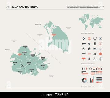 Carte vectorielle de Antigua et Barbuda. Carte pays très détaillés avec la division, les villes et des capitaux. Une carte politique, carte du monde, les éléments de l'infographie. Illustration de Vecteur