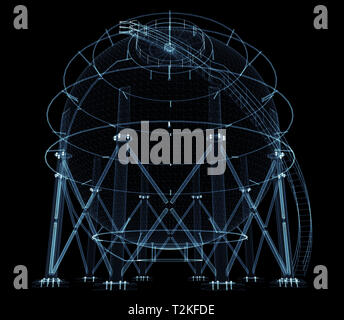 Réservoir de gaz sphérique composé de lignes et points lumineux. 3d illustration sur fond noir Banque D'Images