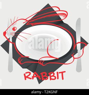 Plat lapin logo avec une plaque en forme de lapin et de couverts sur une serviette de papier froissé Illustration de Vecteur