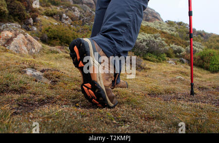 Close up de chaussures ou des bottes de randonnée pouvant être portées par une femme avec les bâtons de trekking randonnée dans le bush en milieu alpin en Tasmanie. Banque D'Images