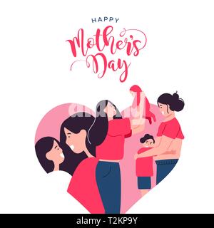 Happy Mothers Day card illustration pour les vacances en famille. Maman avec enfants, bébé et femme enceinte à l'intérieur de forme de coeur. Illustration de Vecteur