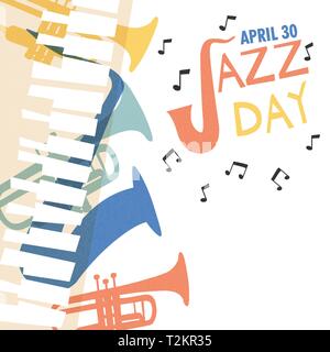 30 avril Journée Jazz poster illustration de divers instruments de musique avec des notes de musique. Trompette, saxophone, notamment le piano et la guitare. Illustration de Vecteur