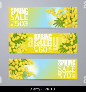 Jeu de vente bannières horizontales avec du jaune mimosa. 3D réaliste des branches, feuilles vertes. Modèle vierge, vector immersive pour le site des bannières, publicités, boo Illustration de Vecteur