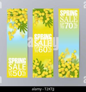 Jeu de vente bannières horizontales avec du jaune mimosa. 3D réaliste des branches, feuilles vertes. Modèle vierge, vector immersive pour le site des bannières, publicités, boo Illustration de Vecteur