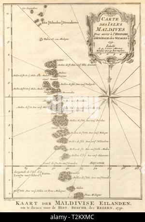 Carte des Isles Maldives'. BELLIN / SCHLEY 1753 ancienne carte graphique plan Banque D'Images