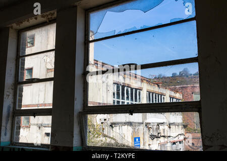Brisé des fenêtres et vue de l'intérieur de l'épave Torridge Vale Usine de lait, Great Torrington, Devon, Angleterre. Banque D'Images