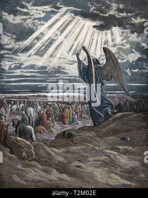 Un ange apparaît aux Israélites. Conquête de Cannan. Bible, livre de Josué. Gravure de Gustave Dore, 1866 Banque D'Images