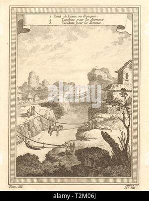 Liana pont de corde. Taribite river cable panier crossing. Pérou 1756 old print Banque D'Images