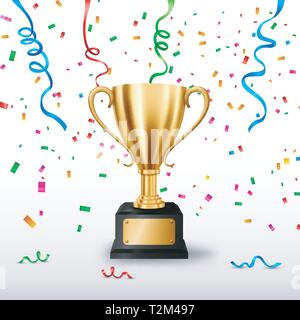 Trophée d'or réaliste avec du texte et de l'espace relevant des confettis, Vector Illustration Illustration de Vecteur