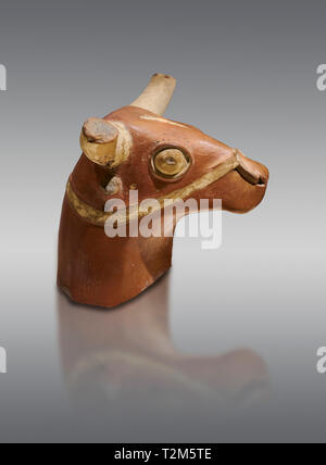 Terre cuite Hittite bull head - 17ème -16ème siècle BC- Hattusa ( Bogazkoy ) - Musée des civilisations anatoliennes, Ankara, Turquie . Contre gray background Banque D'Images