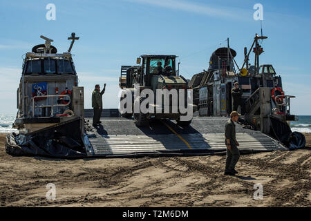 Les Marines américains avec le 1er Bataillon de soutien du transport, 1er Groupe logistique maritime, et les marins à l'unité d'assaut, 5 Groupe 1 Plage de la Marine, de la charge des fournitures dans un Landing Craft Air Cushion pacifique pendant 19 Blitz au Marine Corps Base Camp Pendleton, en Californie, le 22 mars 2019. Le groupe de travail air-sol marin agit comme l'arrivée des opérations d'assemblage et de liaison du groupe à bord du navire de prépositionnement maritime navire amiral. Leurs tâches incluent la mise à jour des plans de chargement de navire automatisé et la coordination de l'espace de mouillage et des exigences. (U.S. Marine Corps photo par Lance Cpl. Betzabeth Y. Galv Banque D'Images