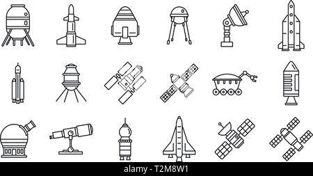 Ensemble d'icônes de technologie de recherche spatiale sur la planète, style de contour Illustration de Vecteur