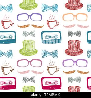 Hipster de fond avec de la moustache et des audiocassettes - seamless texture vector illustration. Illustration de Vecteur