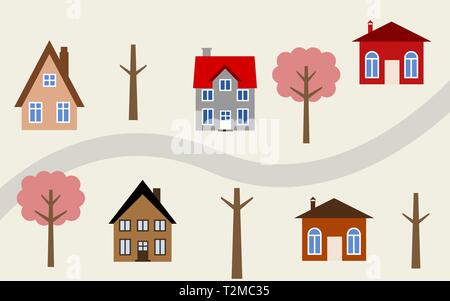 Ville Cartoon illustration - maisons mignon le long de la route. Thème de l'automne. Illustration de Vecteur