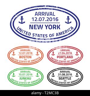 Timbres de voyage à partir de ports de mer - croisières destinations aux États-Unis. Illustration de Vecteur