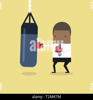 African businessman wearing boxing gloves et poinçonner le sac. Illustration de Vecteur