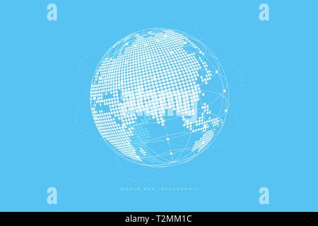 Globe simple forme, carte du monde créé à partir de points sur fond bleu. Concept de connexion global. Illustration de Vecteur