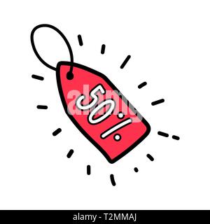 Doodle 50 % vente rouge tag label. Illustration de Vecteur