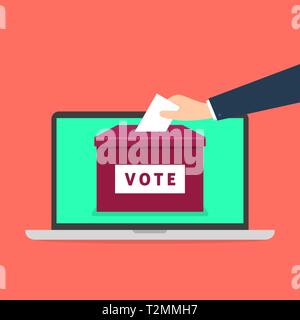 Mettre la main du papier de vote dans l'urne sur un écran d'ordinateur portable. Le vote en ligne concept. Illustration de Vecteur