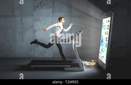 Businessman s'exécute sur un tapis roulant pour nourrir un gros il smartphone ne peut pas s'en passer. Concept de pièce jointe à la technologie et à la dépendance. Banque D'Images