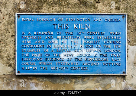 Notes explicatives sur le côté du four bouteille historique dans Notting Hill, Londres. Banque D'Images