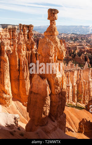 Beaucoup de spires, appelé aussi hoodos, sculpté à l'écart par l'érosion dans la région de Bryce Canyon National Park, Utah, USA, l'éclat rouge et d'orange au lever du soleil. Le plus grand un Banque D'Images