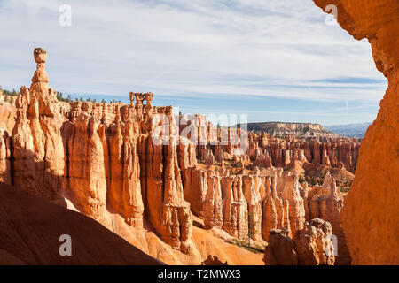 Beaucoup de spires, appelé aussi hoodos, sculpté à l'écart par l'érosion dans la région de Bryce Canyon National Park, Utah, USA, l'éclat rouge et d'orange au lever du soleil. Le plus grand un Banque D'Images