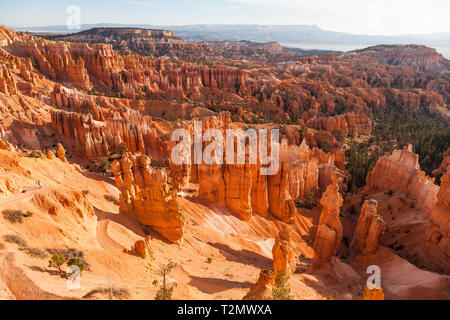 Beaucoup de spires, appelé aussi hoodos, sculpté à l'écart par l'érosion dans la région de Bryce Canyon National Park, Utah, USA, l'éclat rouge et d'orange au lever du soleil. Le plus grand un Banque D'Images