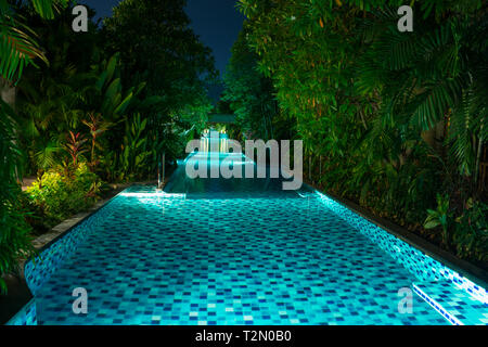 Vide, magnifiquement illuminés, piscine entourée de palmiers dans la jungle tropicale de nuit Banque D'Images