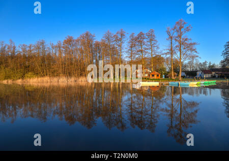 01 avril 2019, le Brandebourg, Groß Schauen : Construction de l'Köllnitz pêche à la lumière du soleil du matin dans la réserve naturelle Groß Schauener Seenkette. De vastes régions de la zone protégée appartiennent au paysage naturel Sielmann. Photo : Patrick Pleul/dpa-Zentralbild/ZB Banque D'Images