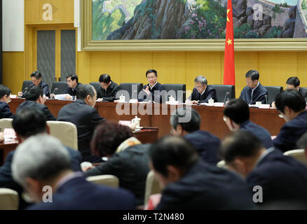 (190403) -- BEIJING, 3 avril 2019 (Xinhua) -- le vice-Premier ministre chinois Han Zheng, également membre du Comité permanent du Bureau politique du parti communiste de Chine Comité Central, prend la parole lors d'une réunion sur la réduction des cotisations d'assurance retraite des entreprises à Beijing, capitale de Chine, le 3 avril 2019. (Xinhua/Liu Weibing) Banque D'Images