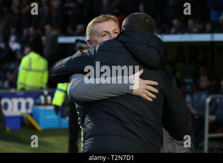 Paisley, Scotland, UK. 3 avril 2019, Ladbrokes Premiership football, St Mirren contre Celtic, Celtic Gestionnaire intérimaire Neil Lennon accueille St Mirren manager Oran Kearney : Action Crédit Plus Sport Images/Alamy Live News Banque D'Images